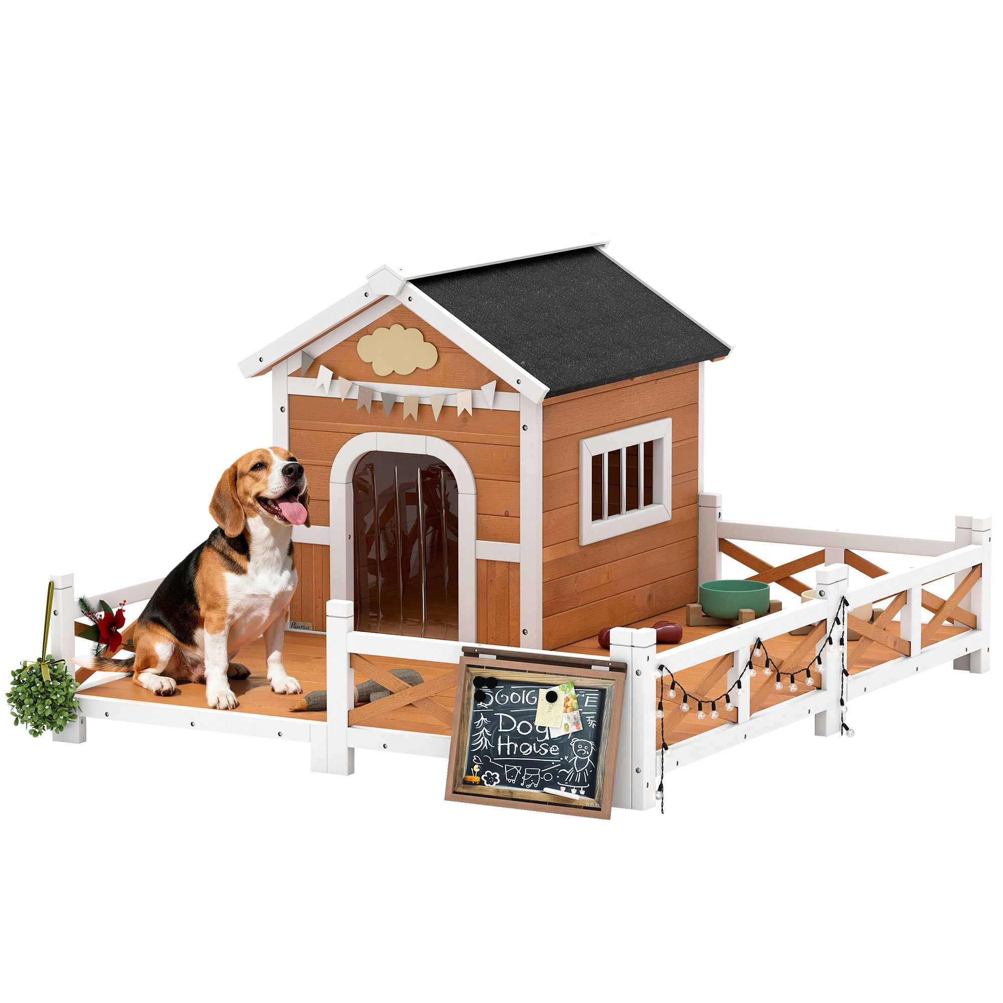Dranite Outdoor Wooden Dog House with Porch, Weatherproof, Openable Roof, Elevated Base & Removable Floor