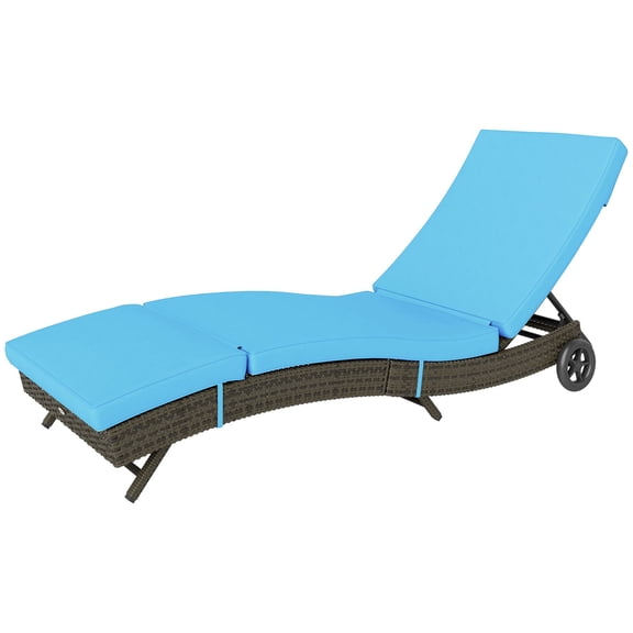 Dranite Patio Wicker Chaise Lounge Chair, Outdoor PE Rattan Sun Lounger with Adjustable Backrest & 2 Wheels, Sky Blue