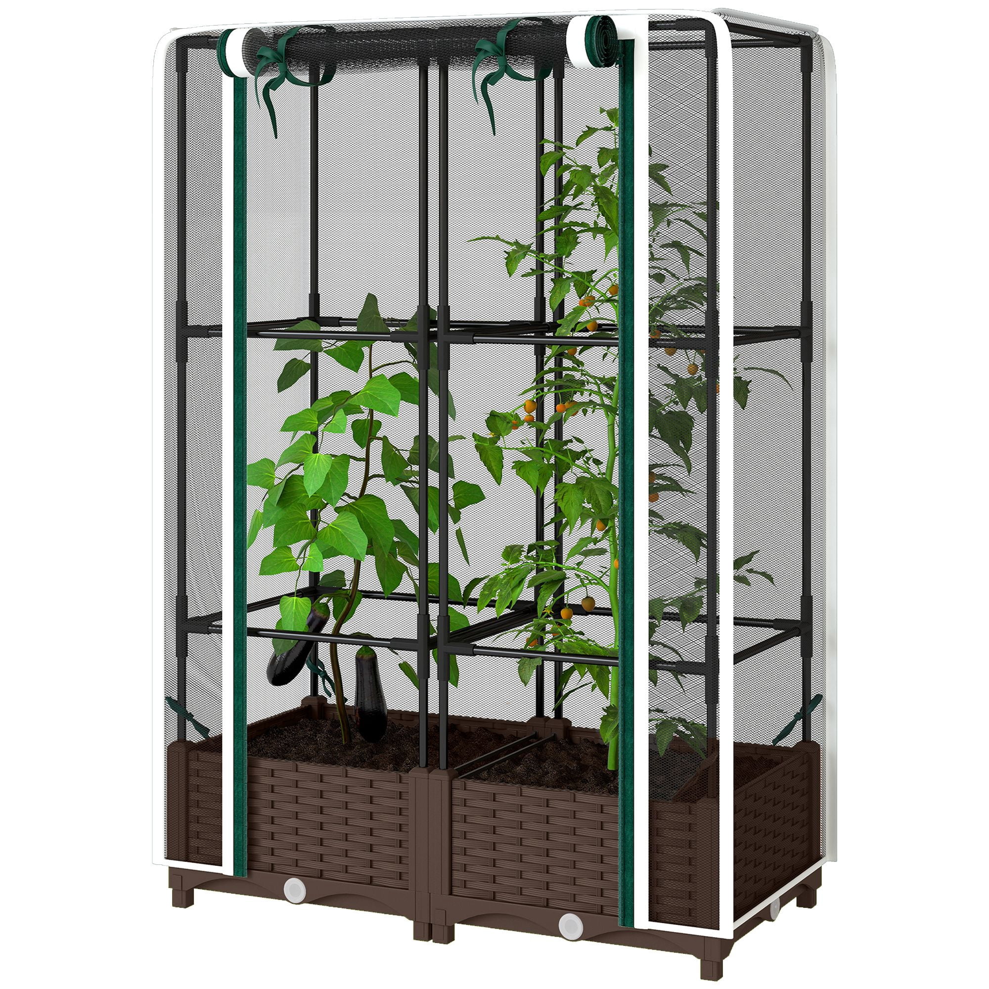Dranite Raised Garden Bed with Trellis & Crop Cage, Self-Watering Planter Box, 46.5 Inch, White