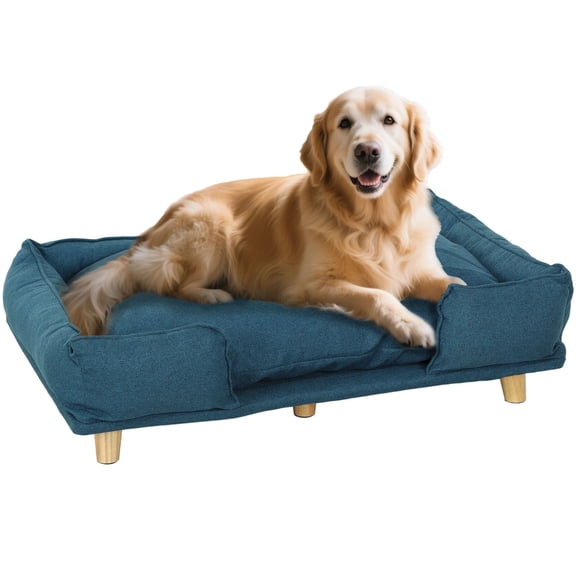 Dranite Raised Large Dog Couch with Comfortable Dark Blue Cushion, Solid Pine Wood Legs