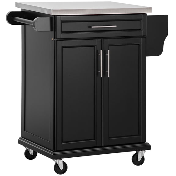 Dranite Rolling Kitchen Cart, Black, with Stainless Steel Countertop, Spice Rack, Island on Wheels