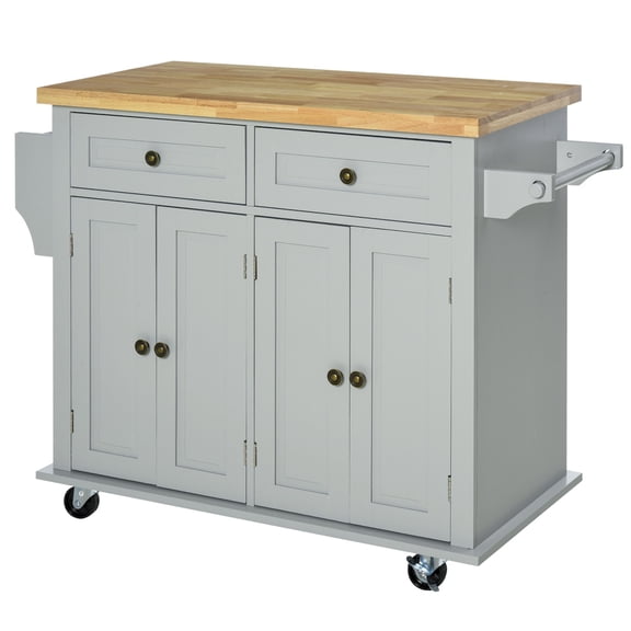 Dranite Rolling Kitchen Island with Rubber Wood Top,Spice Rack,Towel Holder,Storage Drawers