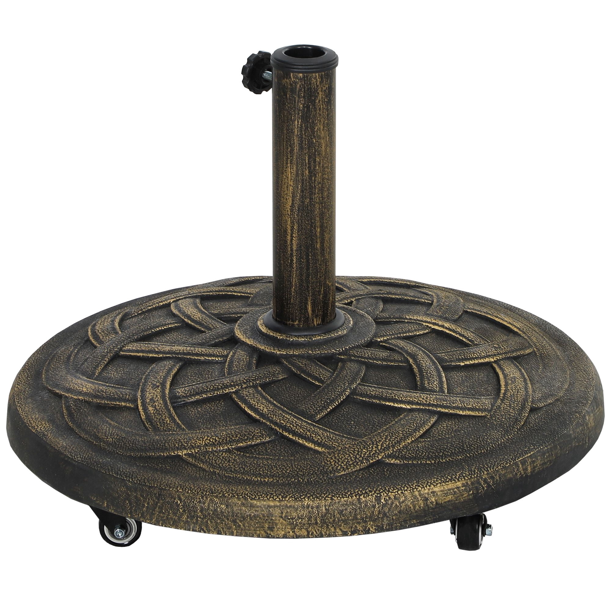 Dranite Round Patio Umbrella Base with Wheels, 44 lbs Resin Umbrella Stand Base, Heavy Duty Patio Umbrella Holder for 1.3"/1.5"/1.9" Umbrella Poles for Outdoor, Lawn, Poolside, Bronze