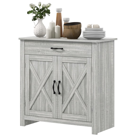 Dranite Stone Gray Farmhouse Sideboard Cabinet, Barn Door Kitchen Buffet with Drawer & Adjustable Shelf