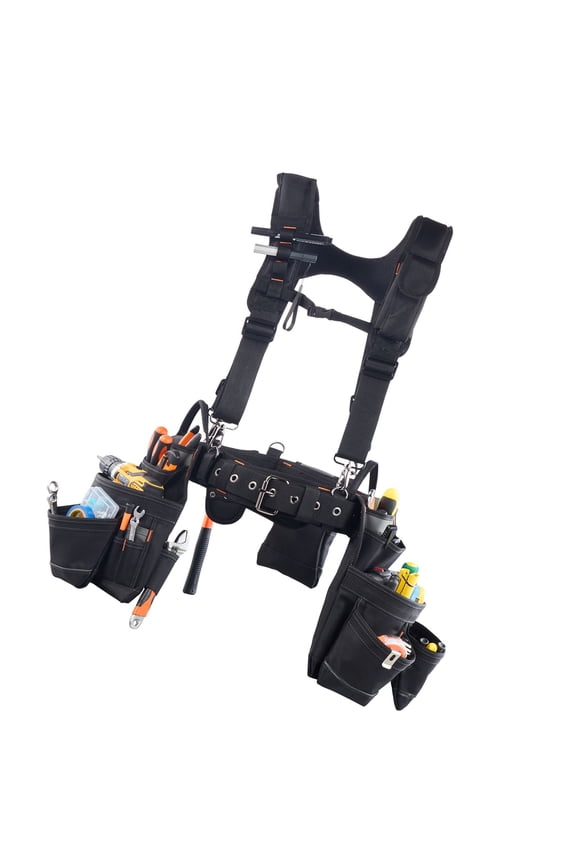 Tool Belt for Men with Suspenders, 19-Pocket Heavy Duty Utility Pouch, Adjustable Work Belt Rig (31-51 inch Waist) for Electricians, Carpenters, Construction