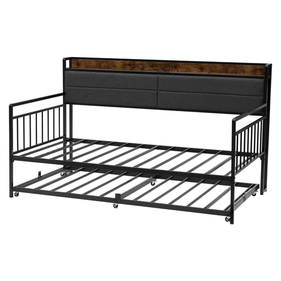 Dranite Twin Size Metal Daybed Frame with Trundle Pull-Out Bed, USB Charging Station & Storage Drawer