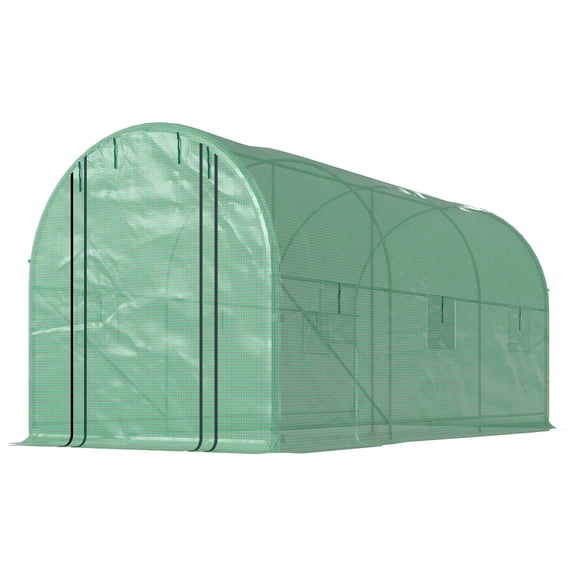 Dranite Walk-in Hoop House Greenhouse with 2 Support Rods & Zippered Roll-up Mesh Door, 14.6'x6.5'x6.6', Green