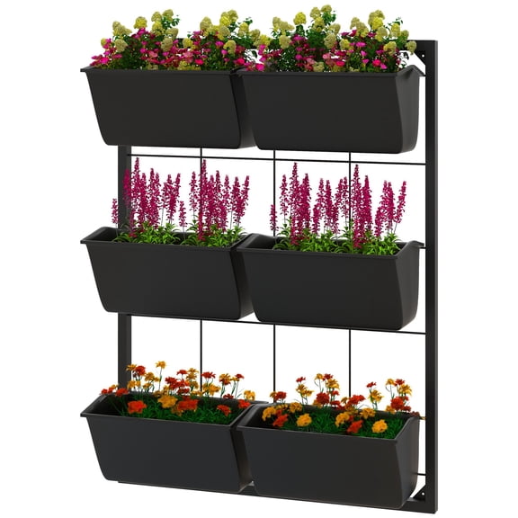 Dranite Wall Planter with 6 Pots, 3-Tier Design, Black, for Flowers & Vegetables