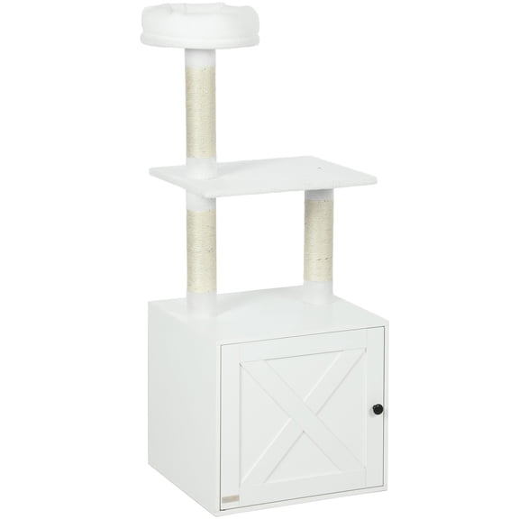 Dranite White Cat Tree with Litter Box Enclosure, Indoor Cat Tower with Scratching Posts & Climbing Platforms