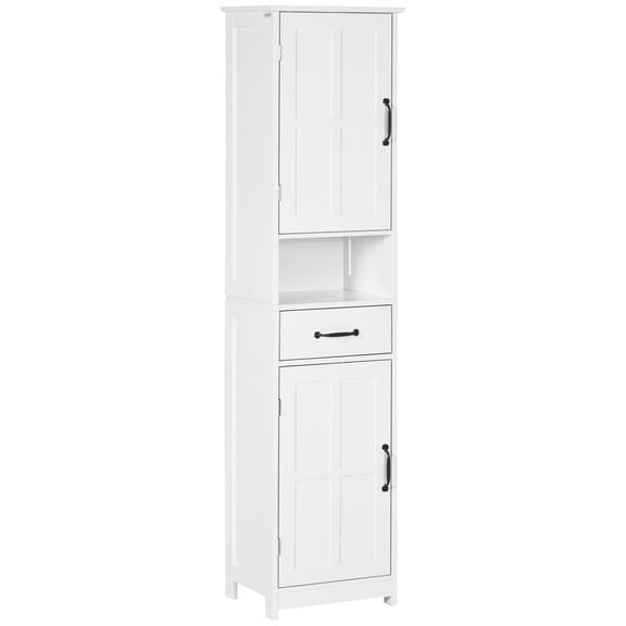 Dranite White Slim Bathroom Storage Cabinet, Tall Linen Tower with Open Shelf, Drawer, Recessed Doors and Adjustable Shelves