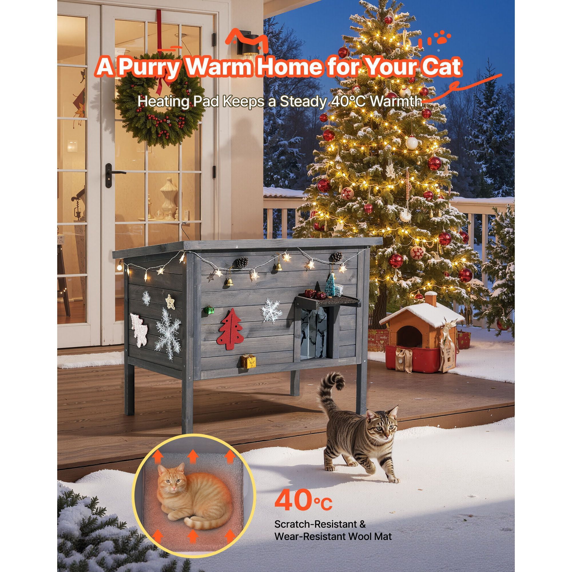 Dranite Winter-Ready Insulated Cat Shelter with Heating Pad, Waterproof & Weatherproof Design, Openable Roof & PVC Door, Spacious Wooden Outdoor House for Multiple Cats (34” L x 21” W x 27” H)