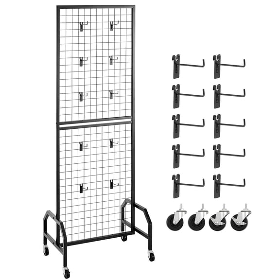Dranite Wire Grid Panel Display Stand, 1.9x5.4 ft Portable Gridwall with Wheels & Hooks, Black Steel Art Display Board for Craft Shows, Retail, Storage