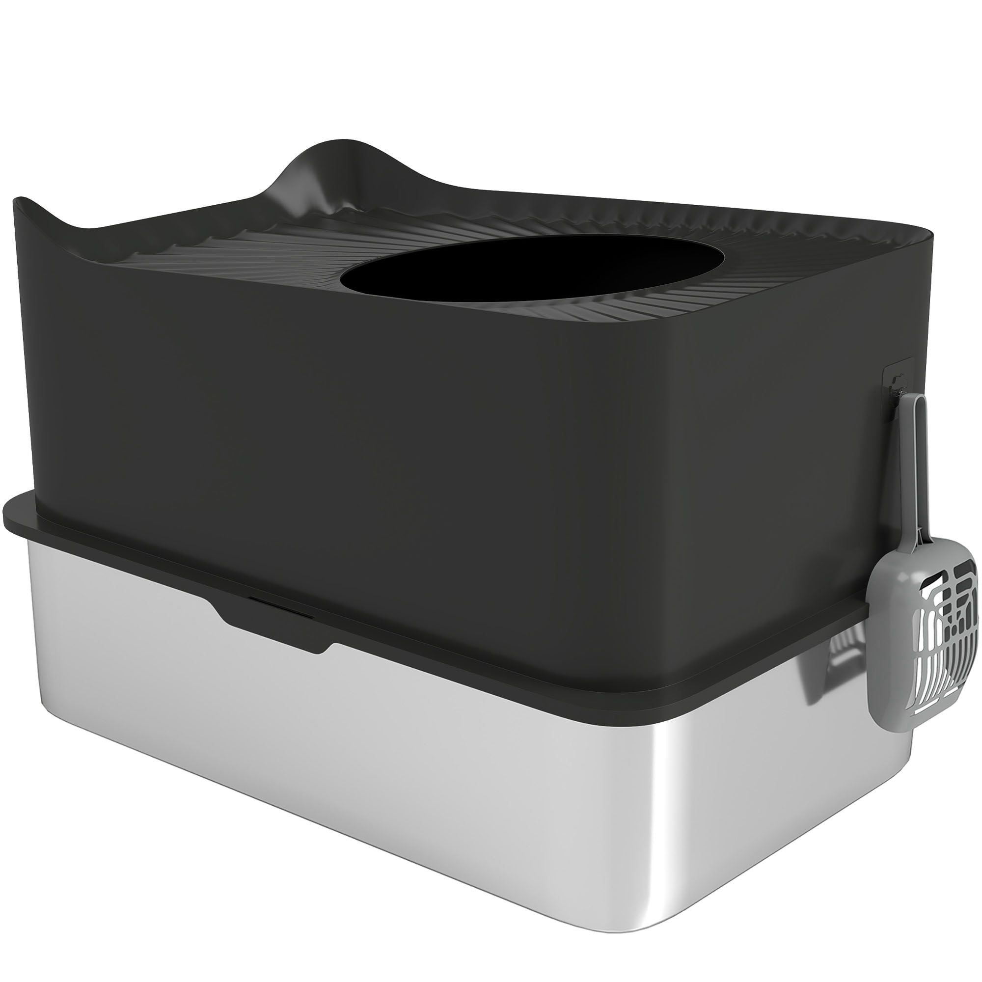 Dranite XL Stainless Steel Litter Box, Scoop, Top Entry, Non-slip, Black