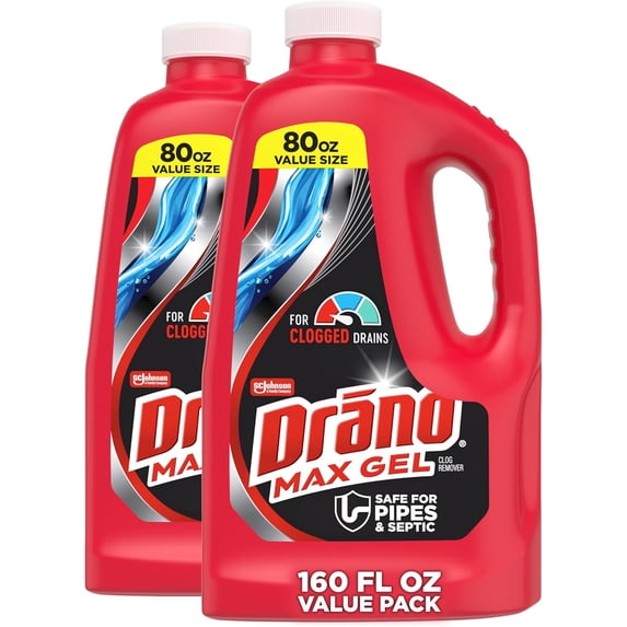 Drano Max Gel Drain Clog Remover & Cleaner, Fast-Acting to Unclog Standing Water & Remove Hair, Grease & Food Blockages, Safe for all Pipes & Septic, Kitchen Sinks, Bathroom Showers, 80 Oz, 2 Pack