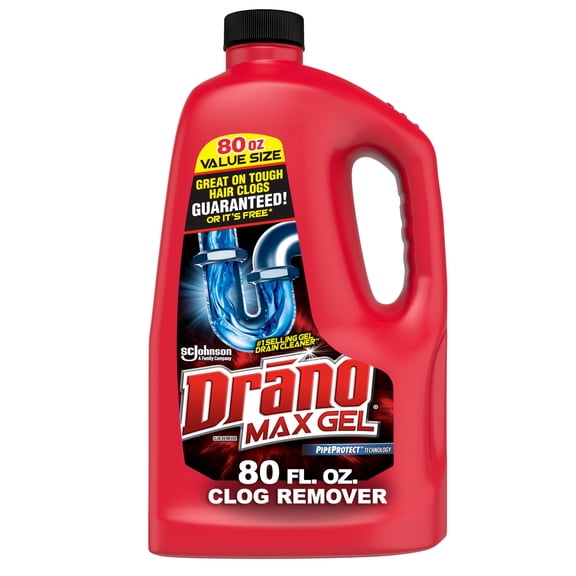 Drano Max Gel Drain Clog Remover, Thick Bleach Formula, Clear Gel, 80 Fl Oz, Fast Acting, Pipe Protection, for Shower and Sink Drains 694772