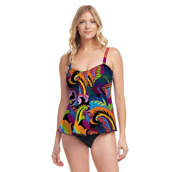 Drape Bandeau Tankini Top in Colorblock Paisley Black
