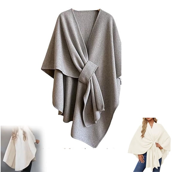 Drape Shawl, Women's Autumn/Winter Solid Color Elegant Knitted Shawl, Soft Open Front Poncho Sweater with Loop, Open Front Poncho Sweater, Light Gray,