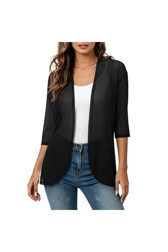 Draped 3/4 Sleeve Cardigans for Women Summer Lightweight Casual Open Front Irregular Hem Vest