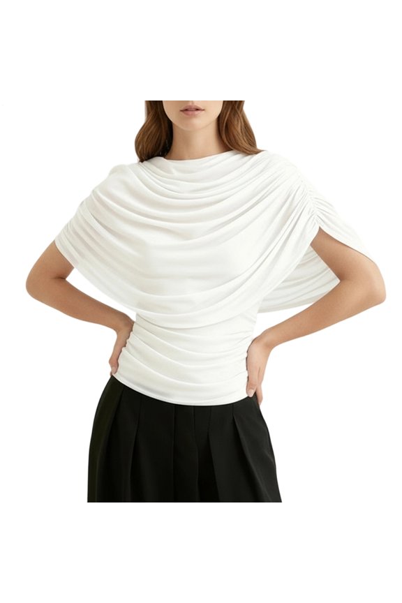 Half Cape Sleeve Ruched Blouse Cowl Boat Neck Slim Fit Ruched Mesh Top Draped Short Sleeve Tee for Dating Travel