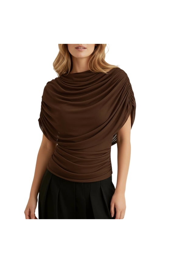 Draped Cape Blouse Cowl Boat Neck Slim Fit Ruched Mesh Top Draped Short Sleeve Tee for Dating Travel