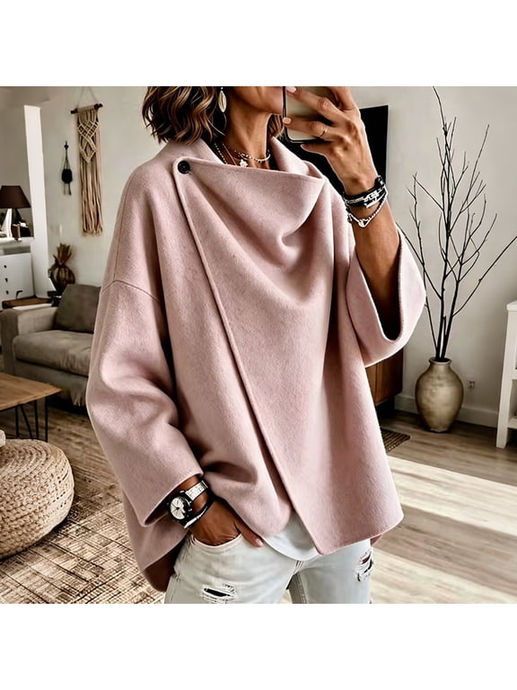 Draped Collar Wool Blend Coat for Women Oversized Asymmetric Wrap Jacket Fashion Winter Tops (Pink XXXL)