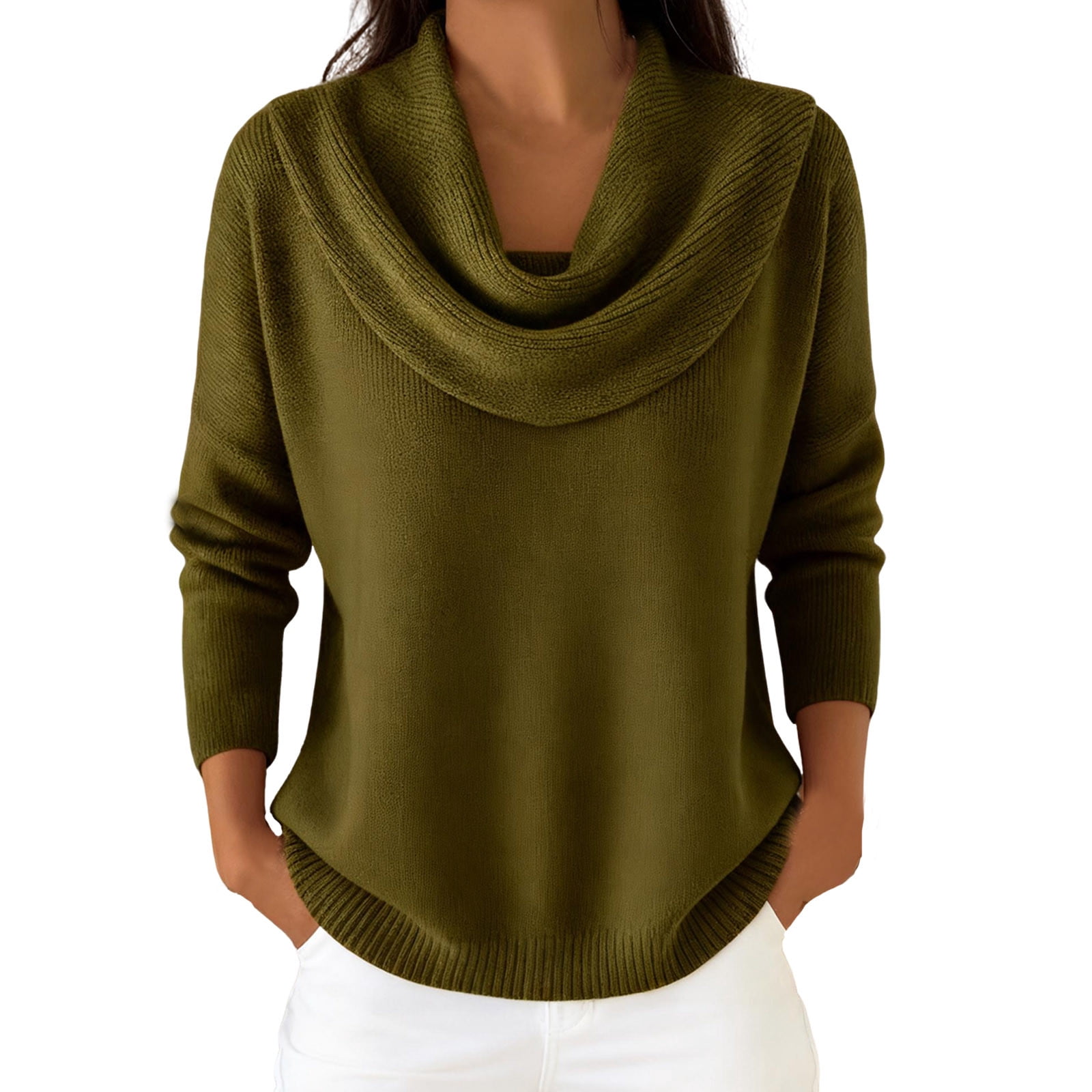 Draped Cowl Neck Sweater for Women, Knitted Long Sleeve Casual Pullover Sweaters Loose Comfy Tunic Tops