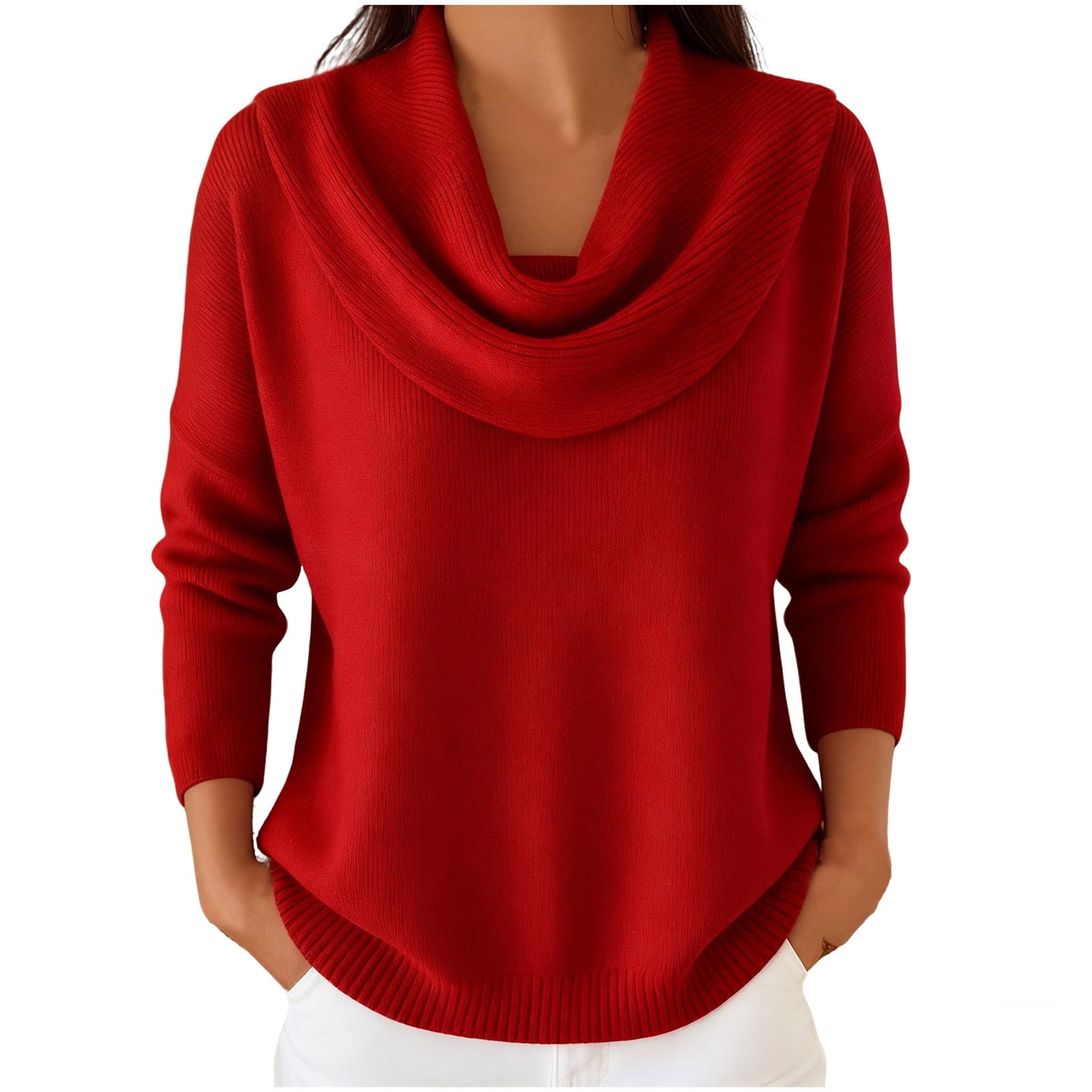 Draped Cowl Neck Sweater for Women, Knitted Long Sleeve Casual Pullover Sweaters Loose Comfy Tunic Tops