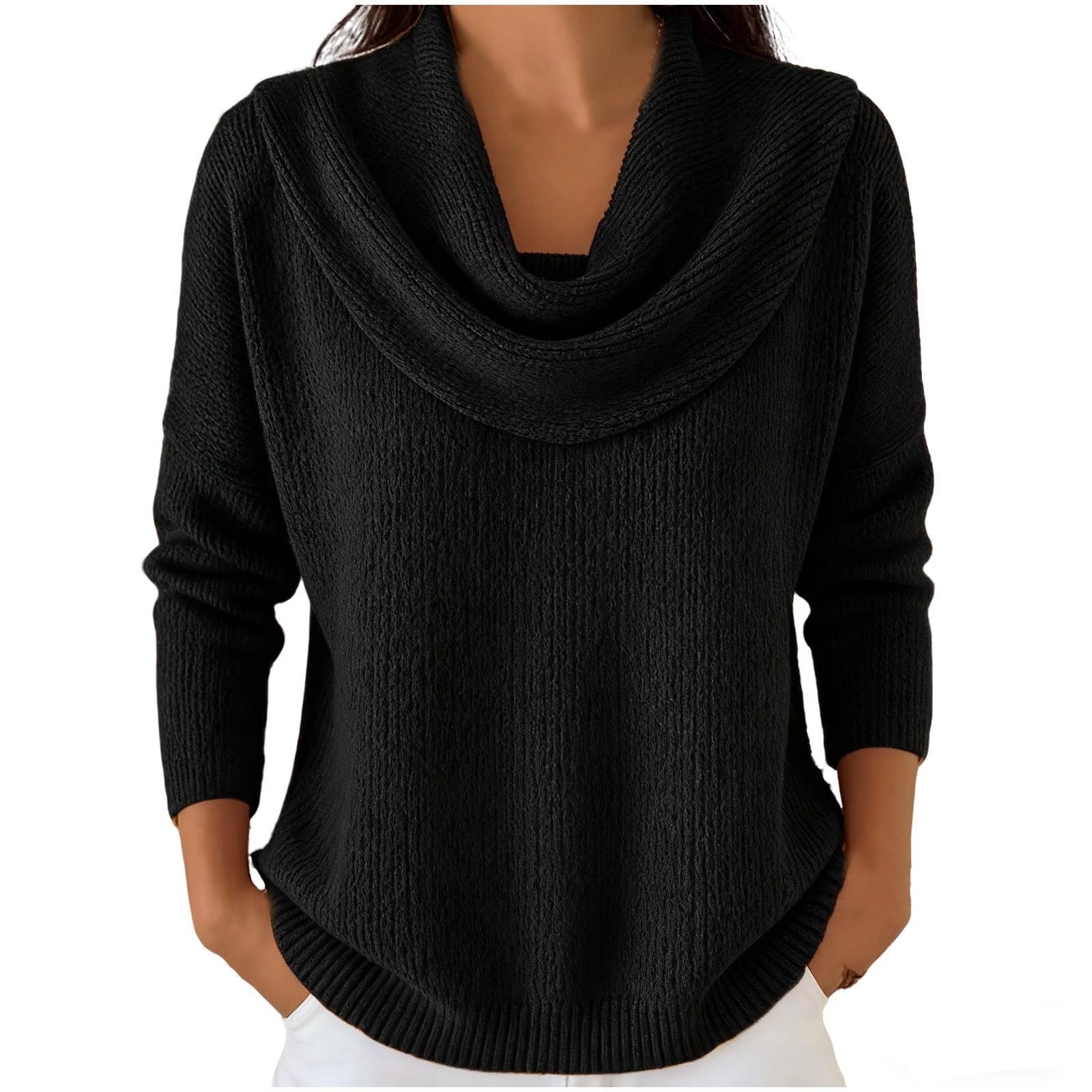 Draped Cowl Neck Sweater for Women, Knitted Long Sleeve Casual Pullover Sweaters Loose Comfy Tunic Tops