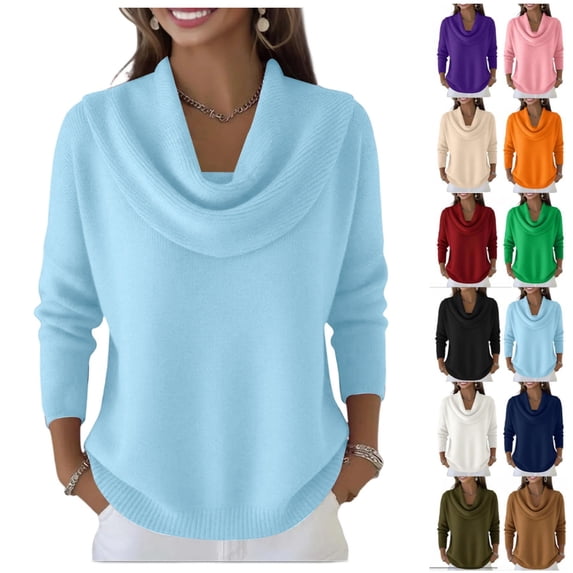 Draped Cowl Neck Sweater for Women, Office Casual Long Sleeve Pullover Top Relaxed Fit Ribbed Layering Fall Winter Sweater