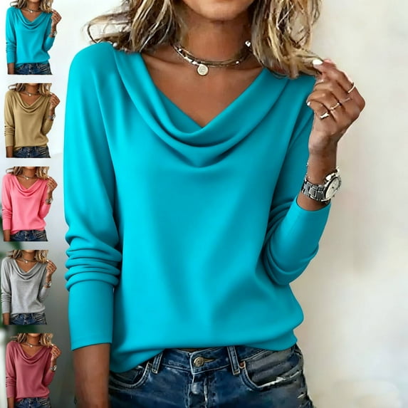 Draped Cowl Neck Tops Womens Long Sleeve Stretchy Blouses Dressy Casual Shirts Business Casual Cyan S
