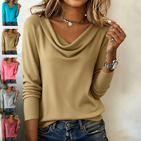 Draped Cowl Neck Tops Womens Long Sleeve Stretchy Blouses Dressy Casual Shirts Business Casual Khaki M