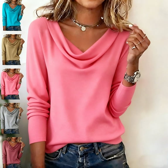 Draped Cowl Neck Tops Womens Long Sleeve Stretchy Blouses Dressy Casual Shirts Business Casual Pink S