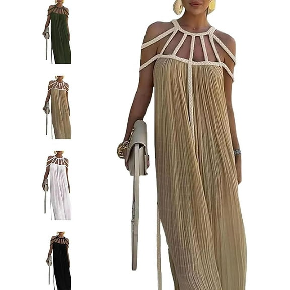 Draped Woven Halterneck Backless Maxi Dress, Womens Sexy Spaghetti Strap Backless Maxi Dress