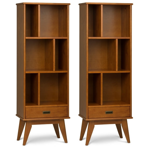 Simpli Home Draper 22W 6 Cubbie Bookcase with Drawer (Set of 2) in Teak Brown