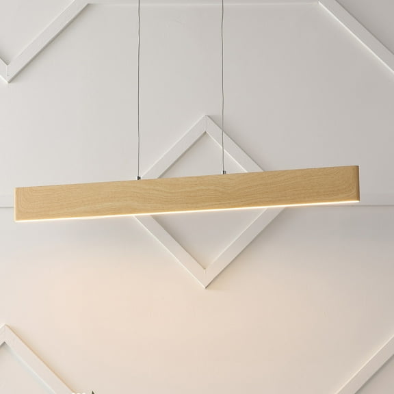 JONATHAN Y Draper 32" Adjustable Integrated LED Metal Linear Pendant, Light Brown Wood Finish