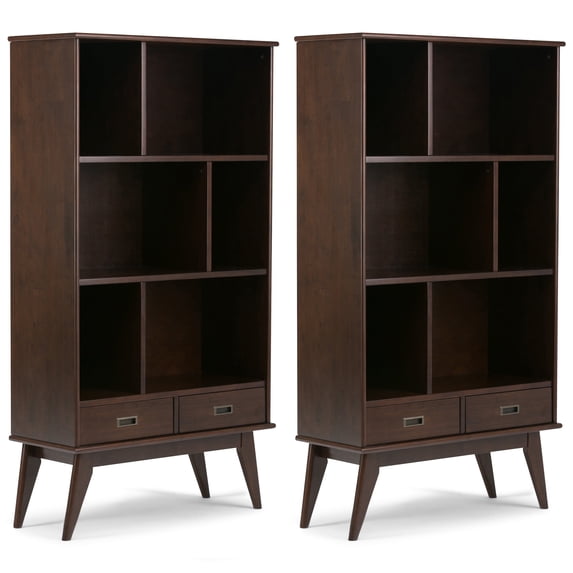 Simpli Home Draper 35W Bookcase and Storage Unit (Set of 2) in Medium Auburn Brown