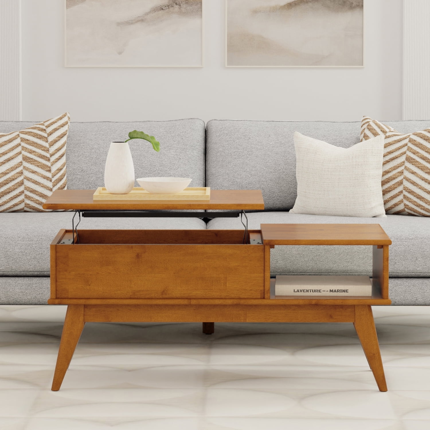 Teak Brown Mid-Century Modern Lift-Top Coffee Table with Storage