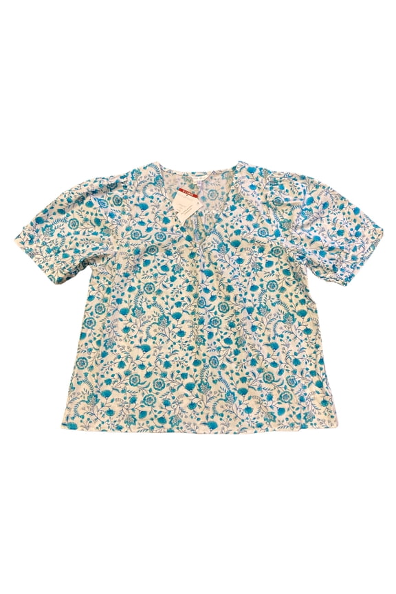 Women's Short Puff Sleeve Heidi V Neck Top (Blue Paisley, S)