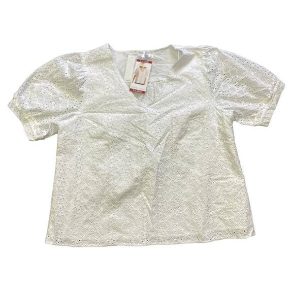 Draper James Women's Short Puff Sleeve Heidi V Neck Top (White Eyelet, XL)