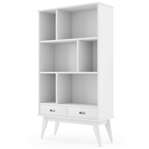 Simpli Home Draper SOLID HARDWOOD 64 inch x 35 inch Mid Century Modern Wide Bookcase and Storage Unit in White