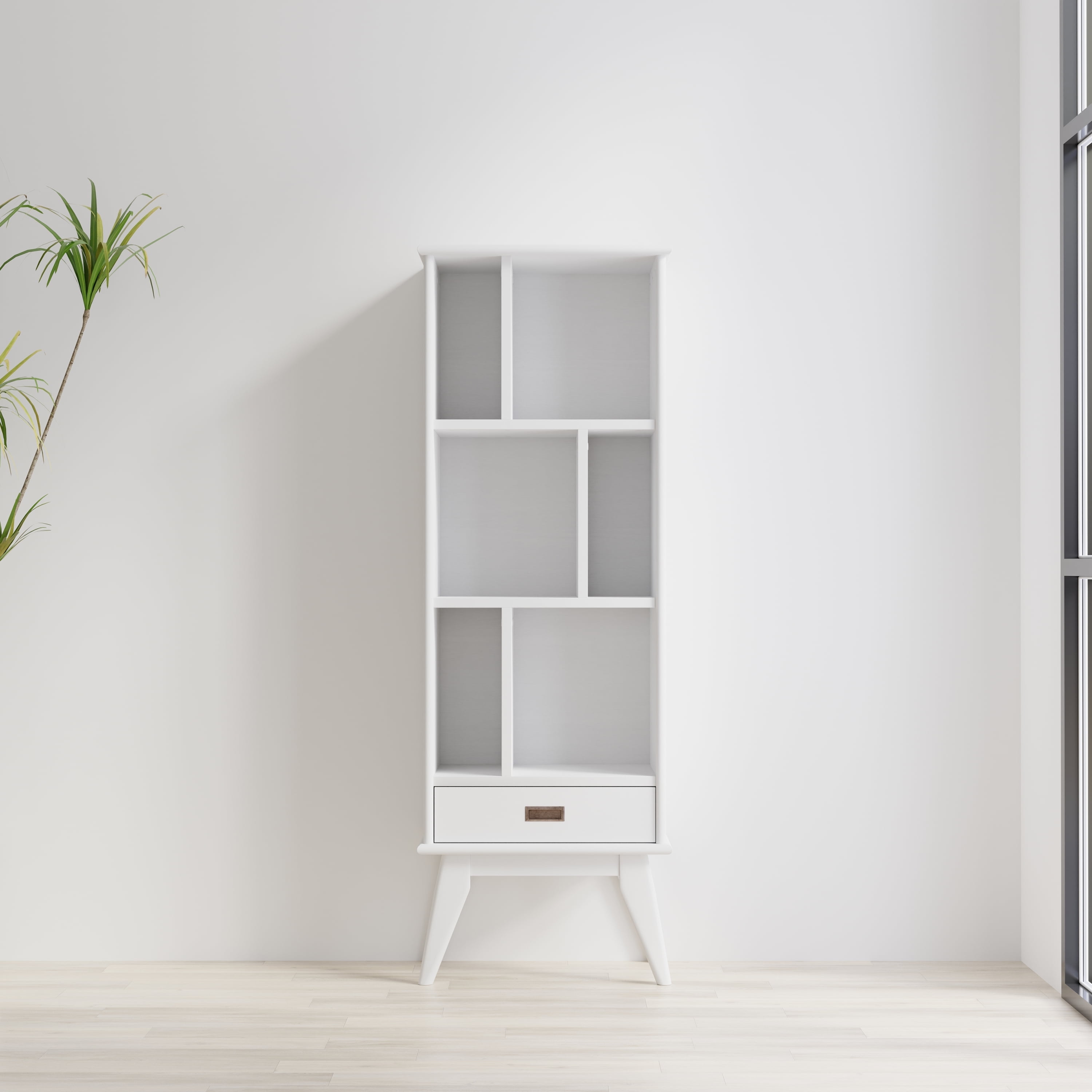 White Solid Hardwood Mid-Century Modern Bookcase with Storage Drawer