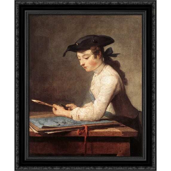 Draughtsman 20x23 Black Ornate Wood Framed Canvas Art by Chardin, Jean Baptiste Simeon
