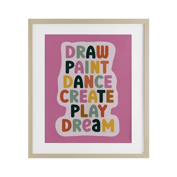 Draw Paint Dance Create Birch Framed Print Under Glass, design by Julia Frost