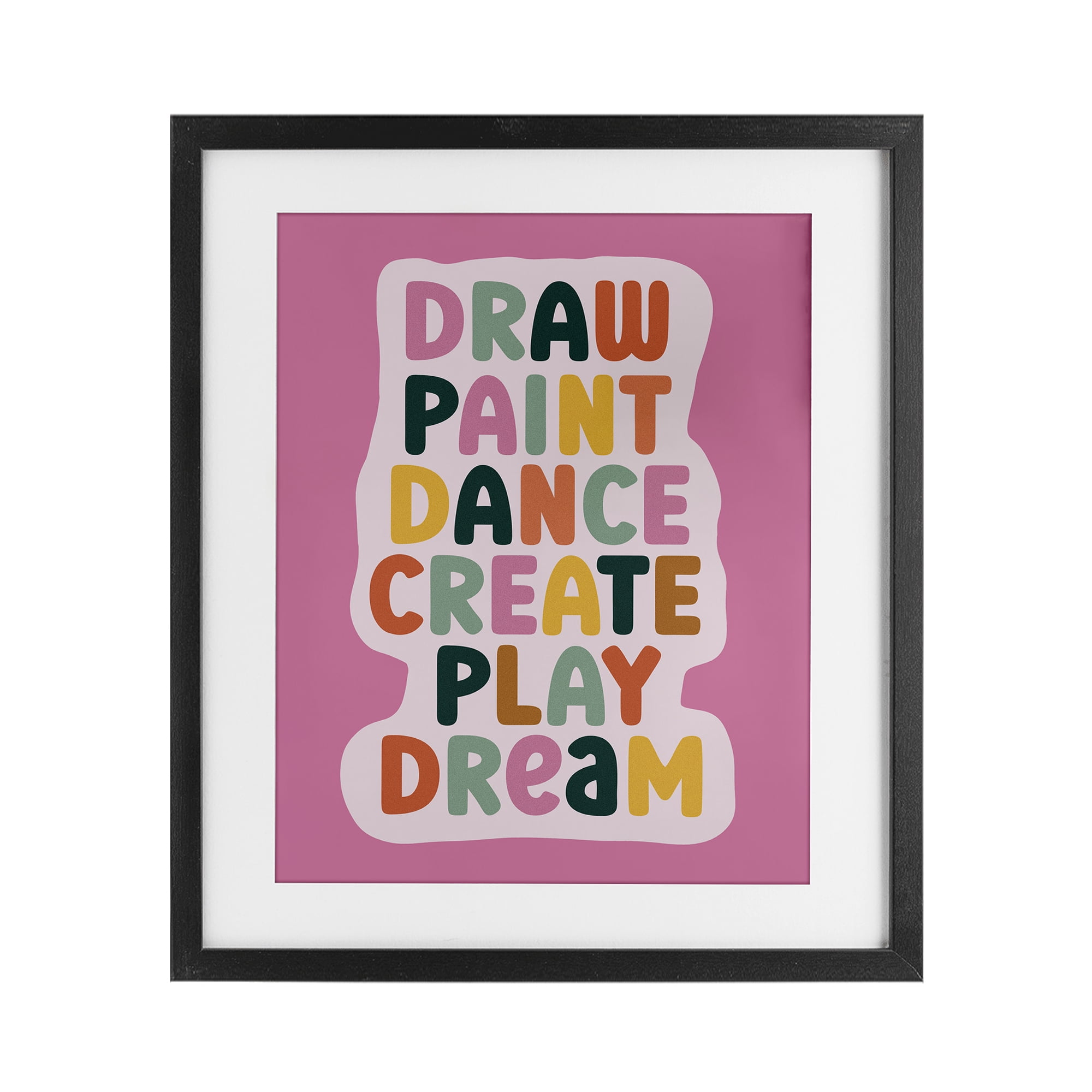 Draw Paint Dance Create Black Framed Print Under Glass, design by Julia Frost