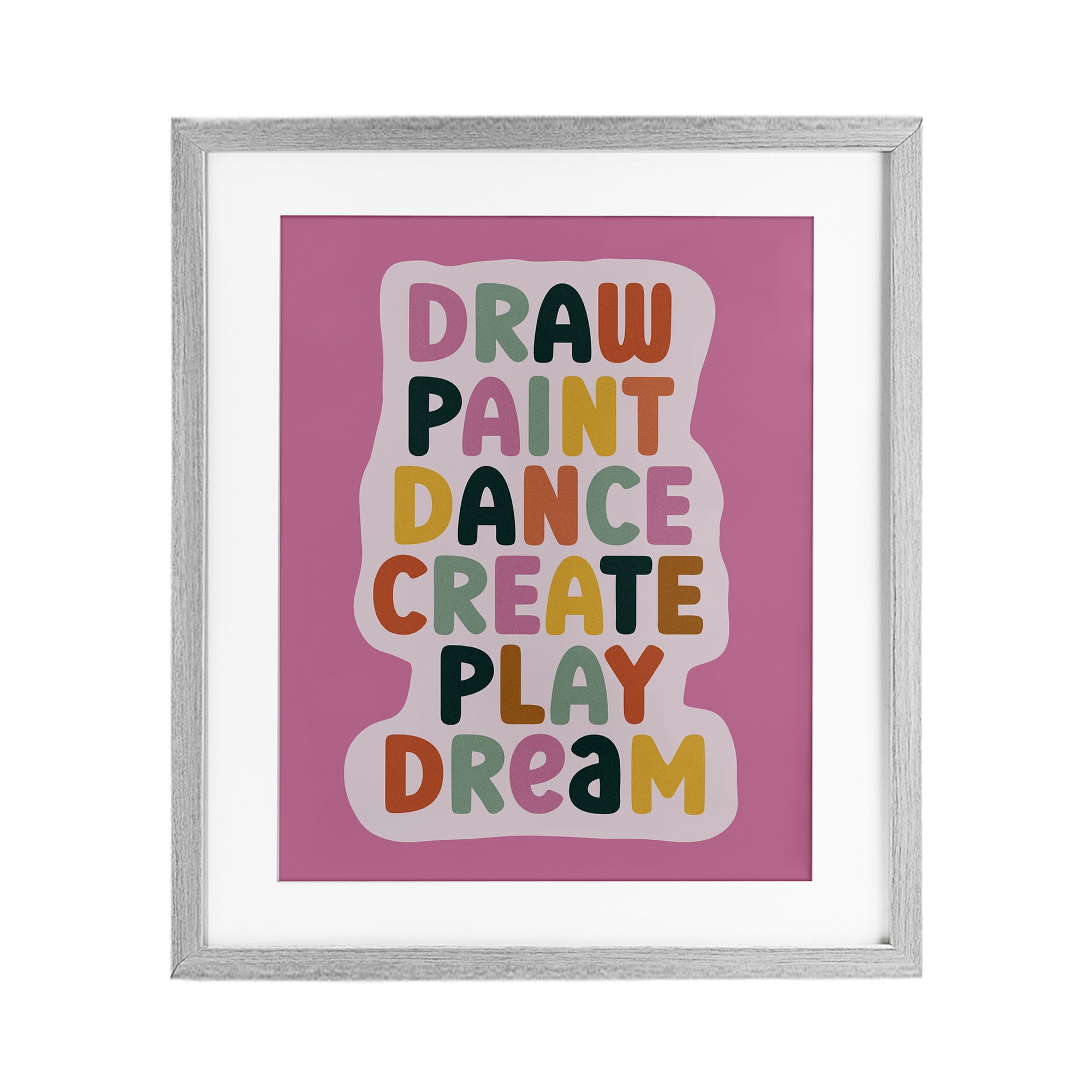 Draw Paint Dance Create Gray Framed Print Under Glass, design by Julia Frost