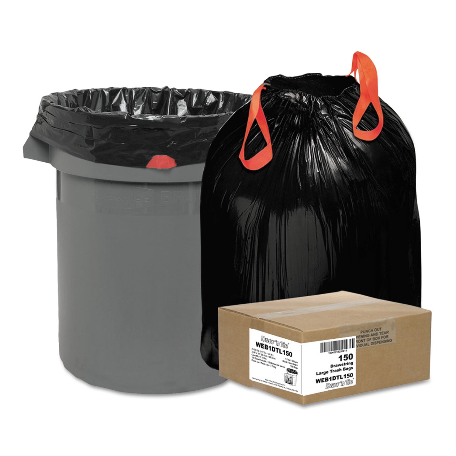 Draw &amp;#039;n Tie Heavy-Duty Trash Bags, 33 gal, 1.2 mil, 33.5" x 38", Black, 150/Box (1DTL150)