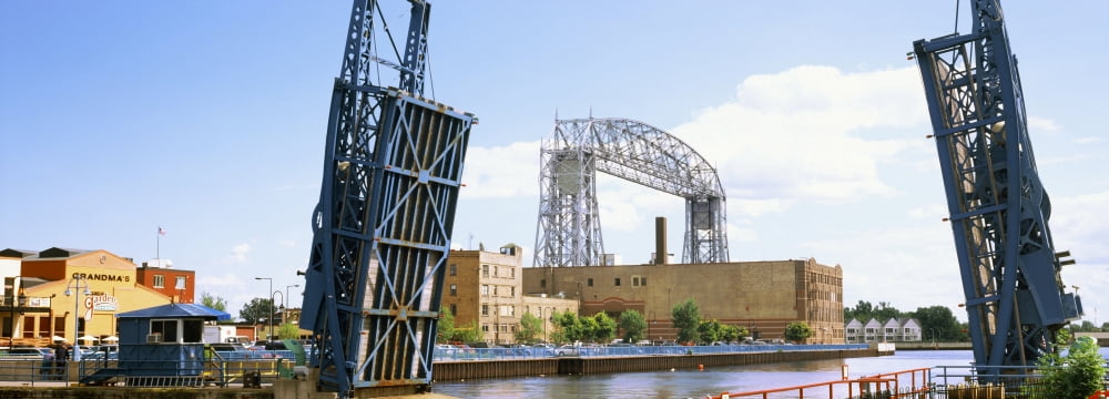 Drawbridge with Aerial Lift Bridge in the background Lake Avenue Duluth Minnesota USA Canvas Art - Panoramic Images (13 x 36)