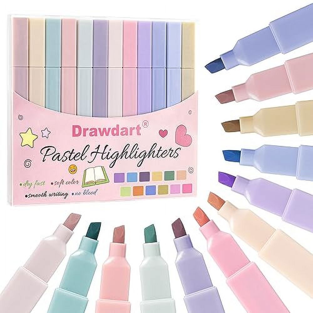 Drawdart Highlighters 12pcs Assorted Colors with Chisel Tip, No Bleed
