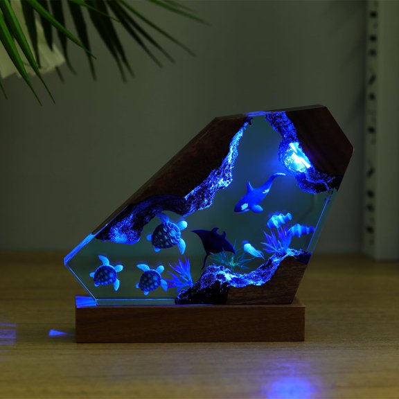 Drawelry Ocean Creative Epoxy Resin Wood Light Lamp, Handmade Multi Color Aquatic Ocean Lamp Deep Sea Cave Diving Enthusiasts Led Night Light Desktop Decor Birthday Gift (Turtle, M) Y101