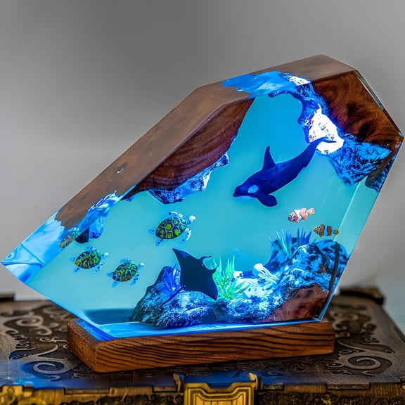 Drawelry Ocean Creative Epoxy Resin Wood Light Lamp, Multi Color Aquatic Ocean Lamp Deep Sea Diver Cave Diving Enthusiasts Led Night Light Desktop Decor Christmas Birthday Gift (Turtle, S) Y101